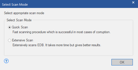 After choosing the damaged EDB file, click Next and then select Quick Scan or Extensive Scan mode. 